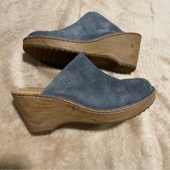 Born Shoes - Born | Distressed Blue Suede “Natalie” Leather Platform Clogs Mules Comfort |  9